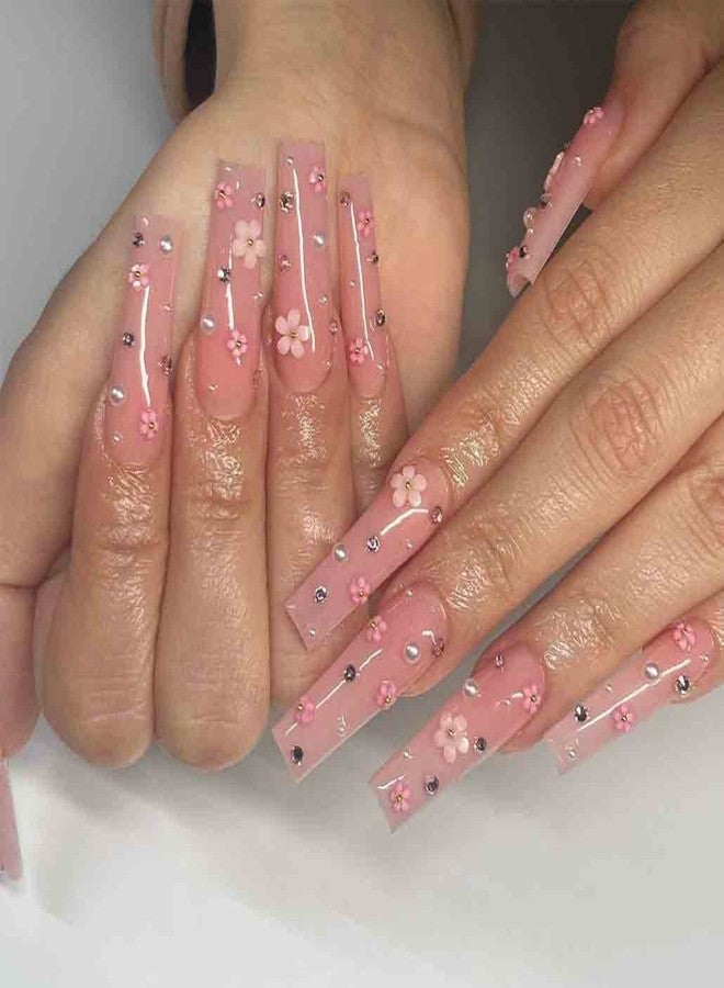 Foccna Pink Press on Nails Long 3D Flower Fake Nails Square Bling Glossy Rhinestone False Nail Tips Artificial Nails Finger Manicure for Women and Girls,24pcs - Image 1
